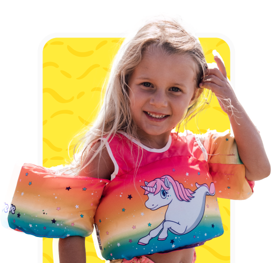 A girl wears Paddle Pals